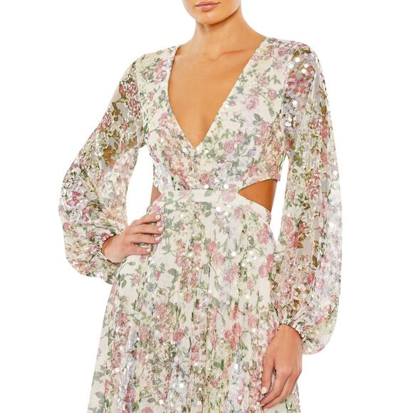 Mac Duggal NWT Sequined Floral Print Cut Out Lace Up Gown Size 0 Plunge Neck - Picture 4 of 11